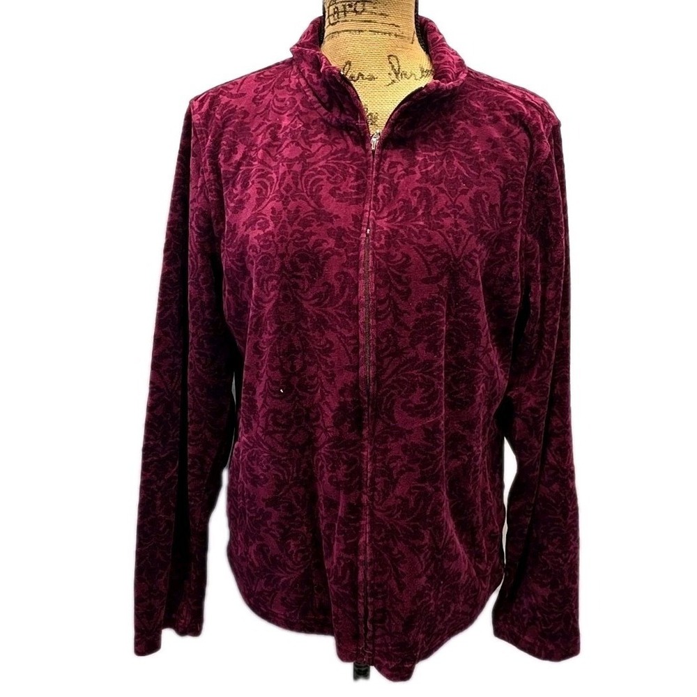 Erika Burgundy Velvet Damask Zip Up Jacket Holiday Soft Luxe Romantic Y2K sz L